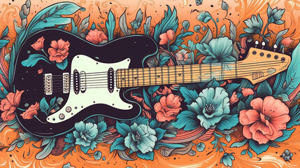 guitar music illustration in the flowers
