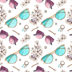 Seamless pattern color sunglasses, flowers, earring isolated on white. Watercolor handrawn illustration. Art for design