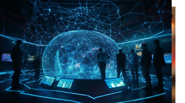 A group of scientists gathered around a AI hologram of a complex network with Generative A
