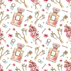 Seamless pattern glass perfume bottle, scissors, hairpin, flower isolated on white. Watercolor hand drawing illustration