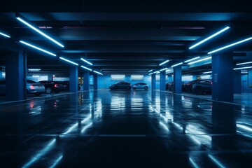 A dark, futuristic parking garage with a blue lit hallway and concrete showroom stage. Generative AI