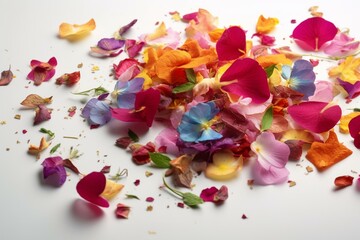 Vibrant floral arrangement with scattered petals on white background - perfect for spring. Generative AI