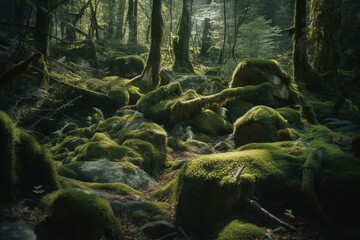 Mossy evergreen forest with rocky terrain. Generative AI