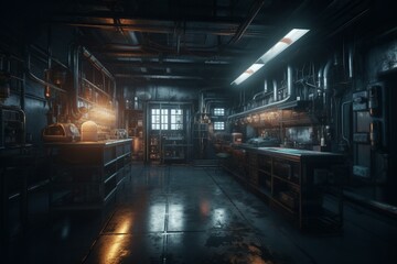 Sci-fi dark laboratory with industrial piped interiors in 3D rendering; perfect for background wallpapers. Generative AI