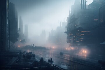 Detailed industrial digital painting of a futuristic city enveloped in fog, generated by AI. Generative AI