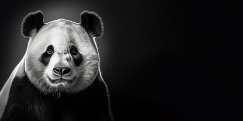 Obraz premium Black and white photorealistic studio portrait of a Giant Panda bear on black background. Generative AI illustration