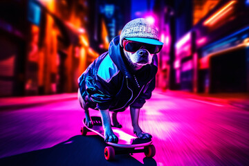 Generative ai funny dog pug with a hat riding a skateboard performing tricks