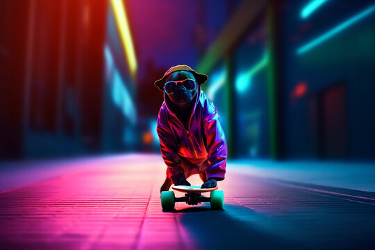 Generative Ai Funny Dog Pug With A Hat Riding A Skateboard Performing Tricks