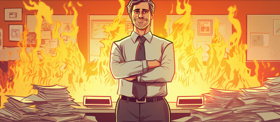 A businessman in front of a fire in an office. Corporate greed, financial collapse, destruction and excess. Generative AI.