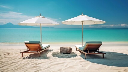 Tropical Beach Scene, Turquoise Waters, Sun Loungers, Umbrella Shade, Minimalist Design, Generative AI