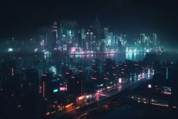 Fototapeta na wymiar Futuristic skyline with neon lights in a cyberpunk city at night. Generative AI