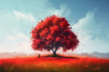 Naklejka na ściany i meble Illustration of a watercolor-style painting of a red tree with love on a field. Generative AI