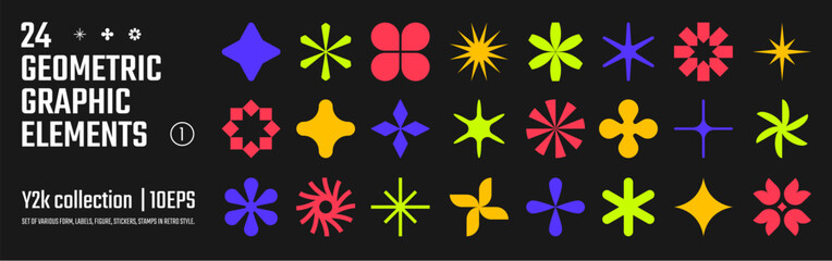 Fototapeta premium Vector abstract geometric graphic elements for design, Collection of various form, labels, shapes, stickers inspired by brutalism, set basic figures in y2k style, retro futuristic assets, set 1