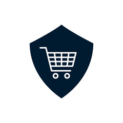 Shopping cart with shield flat icon isolated on white background. Vector illustration