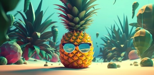 Fashion pineapple fruit. bright summer color, accessories. tropical pineapple with sunglasses, vacations concept. summer party.