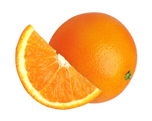 orange fruit and slice isolated, Orange fruit macro studio photo, transparent png, PNG format, cut out