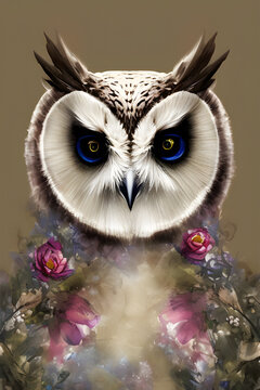 Portrait of an owl among flowers on a plain background. Beautiful forest bird, generative AI © Alena Vilgelm