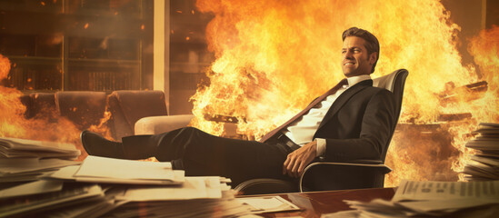 A businessman in front of a fire in an office. Corporate greed, financial collapse, destruction and excess. Generative AI.