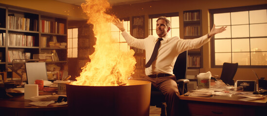 A businessman in front of a fire in an office. Corporate greed, financial collapse, destruction and excess. Mismanagement. A smug CEO. Burning records. Committing a crime. Unethical.	