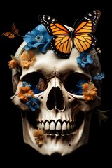 halloween art skull bone illustration design skeleton butterfly flower death. Generative AI.