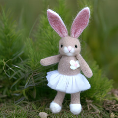 Obraz premium children's toy bunny on a green background, generative AI 