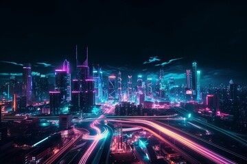 Fototapeta na wymiar Futuristic metropolis in neon lights under the night sky. Generative AI