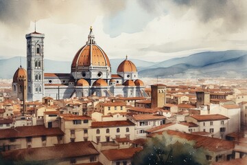Fototapeta na wymiar Watercolor artwork of Florence, Italy with view of Cathedral Santa Maria del Fiore. Generative AI