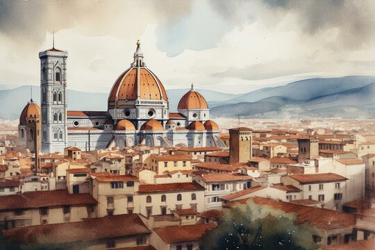 Watercolor artwork of Florence, Italy with view of Cathedral Santa Maria del Fiore. Generative AI