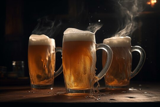 Three cups of frothy beer filled with hoppy brew. Generative AI