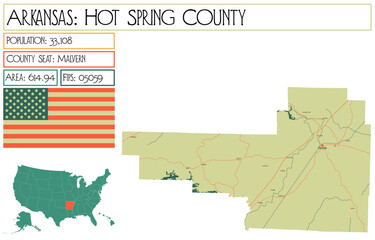 Large and detailed map of Hot Spring County in Arkansas, USA.