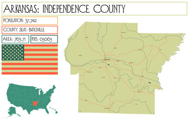 Large and detailed map of Independence County in Arkansas, USA.