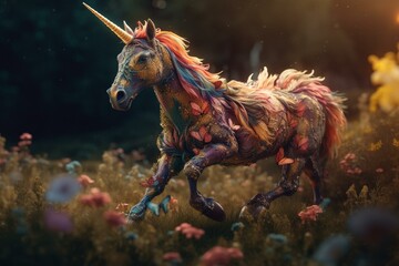 Obraz na płótnie Canvas Colorful hybrid creature with butterfly and unicorn elements running through wildflowers. Generative AI