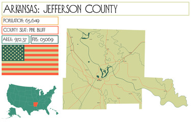 Large and detailed map of Jefferson County in Arkansas, USA.