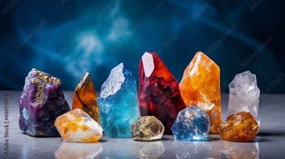 Wall mural chakra gemstones crystals and nature magic things. witchcraft ritual, energy healing minerals. flat 