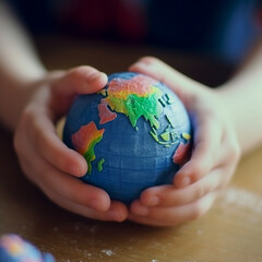 Earth planet from plasticine in the hands of a child. Child hands playing with colorful clay. Homemade plastiline.