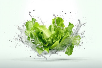 Fresh lettuce and splashes of water on a white background. AI generative.