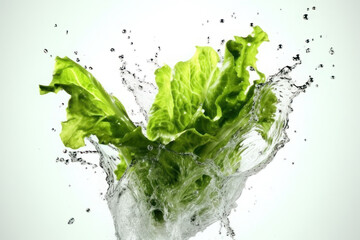 Lettuce and splashes of water on a white background. AI generative.