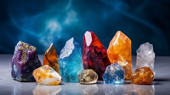 Chakra gemstones crystals and nature magic things. Witchcraft Ritual, energy healing minerals. flat lay. Multi-colored crystals on a dark blue-gray background. Close-up. Generative AI