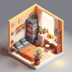 3D-rendered living room interior design, cute, small, close up