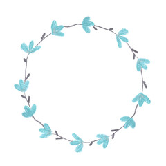 Pastel chalk hand painted botanical floral natural round frame with little blue flowers and grey leaves with copy space in the middle. Isolated on white design element