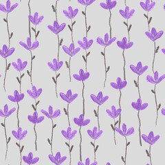 Obraz na płótnie Canvas Hand drawn chalk pastel seamless pattern with little violet flowers and grey leaves as summer floral simple background.