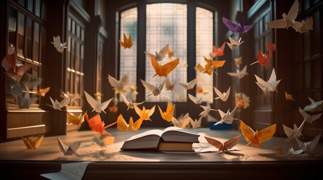 Knowledge concept featuring an open book with an origami bird taking flight, surrounded by abstract paper birds. A library setting enriches the scene, inspiring discovery and learning. Generative AI