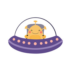 Cute funny alien in flying saucer, UFO cartoon character illustration. Hand drawn Scandinavian style flat design, isolated vector. Kids print element, space adventure, travel, science fiction, cosmos