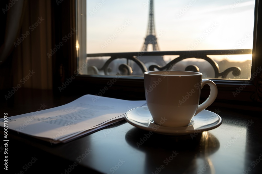 Poster a teacup and saucer are displayed on a table in the vicinity of a window. generative ai