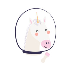 Cute funny unicorn astronaut in space helmet cartoon character illustration. Hand drawn animal, Scandinavian style flat design, isolated vector. Kids print element, space adventure, travel, science