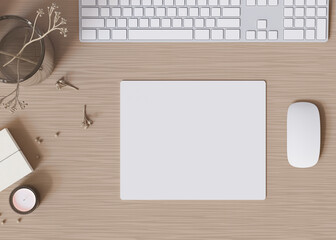 Blank and white computer mouse pad on the desk at home. Mousepad mockup. Copy space for your picture or text. Empty mouse mat ready for your design. Mock up, template. 3D render. © Creative_Bird