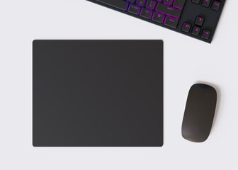 Blank and black computer mouse pad on the desk at home. Mousepad mockup. Copy space for your picture or text. Empty mouse mat ready for your design. Mock up, template. 3D render.