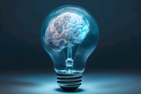 Human brain inside of light bulb on dark background. Generative ai illustration