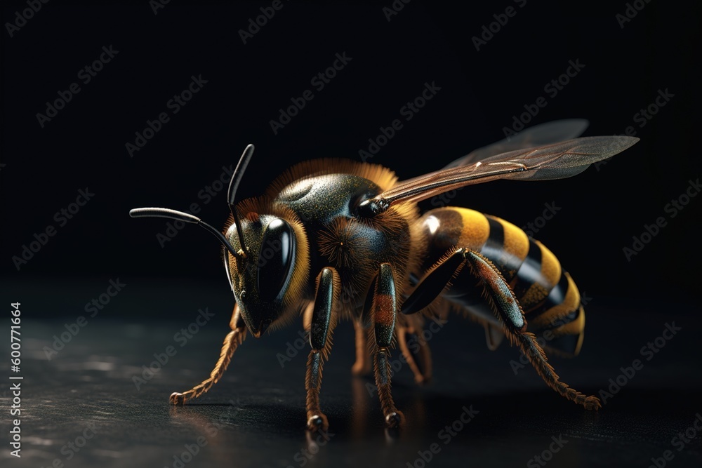 Poster bee in close-up on a black backdrop generative ai