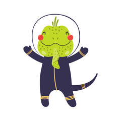 Cute funny iguana astronaut in space suit cartoon character illustration. Hand drawn animal, Scandinavian style flat design, isolated vector. Kids print element, space adventure, travel, science